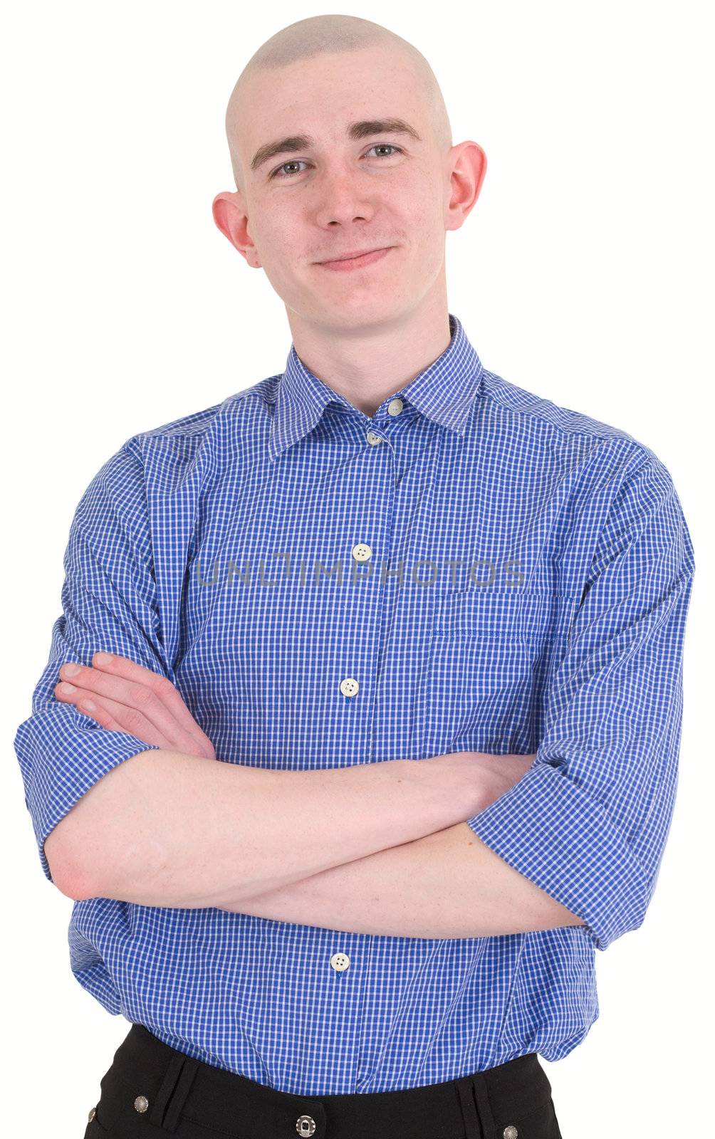 Portrait of the bold man on the white background