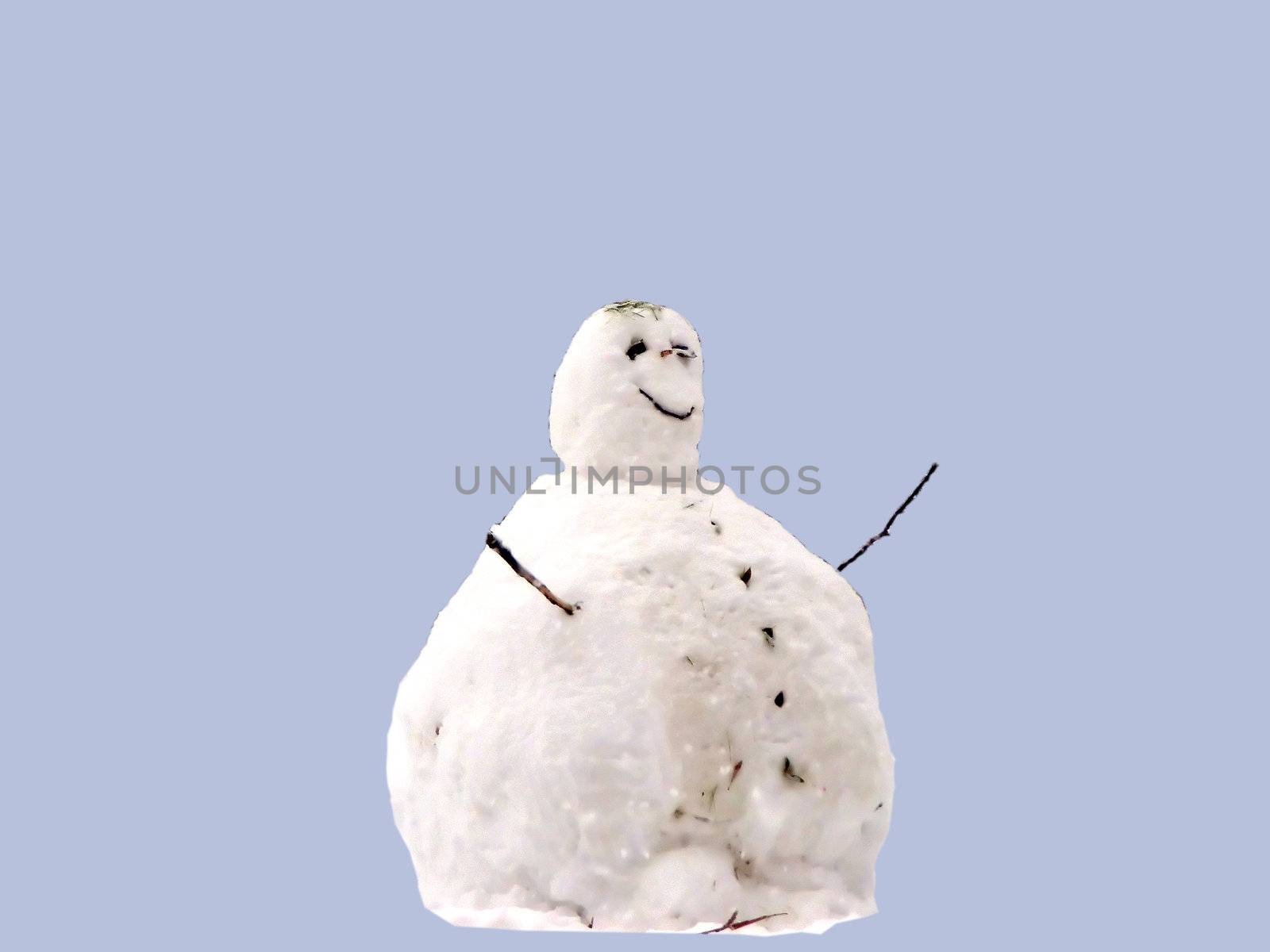 A smiling snowman in a white landscape