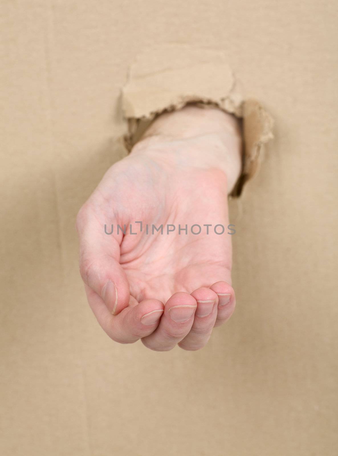 Male hand through from hole in cardboard