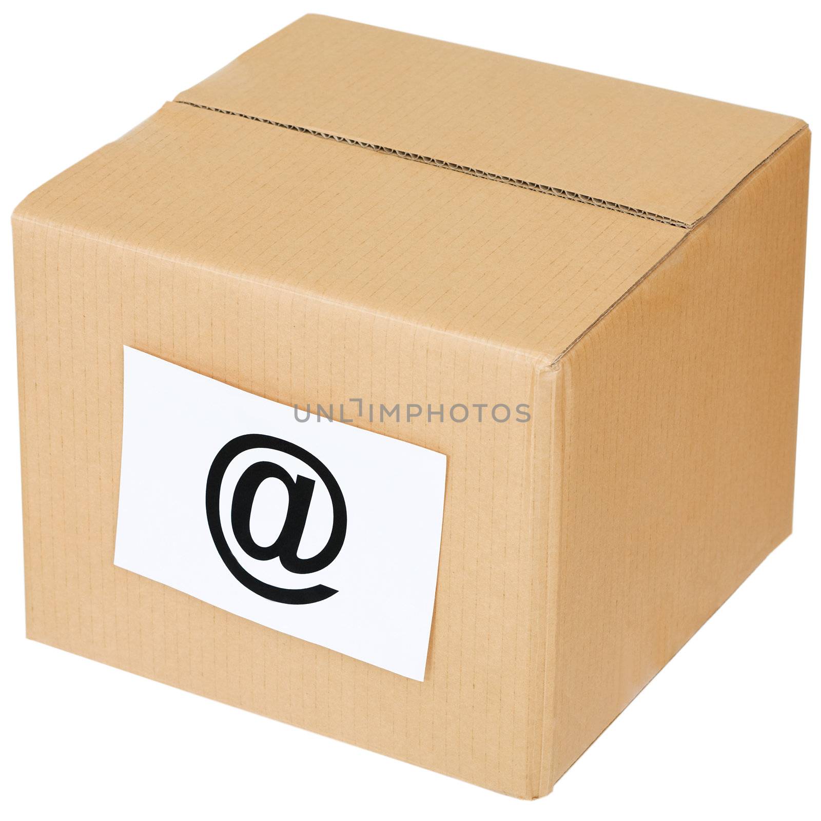 Cardboard box with a e-mail sign on the white