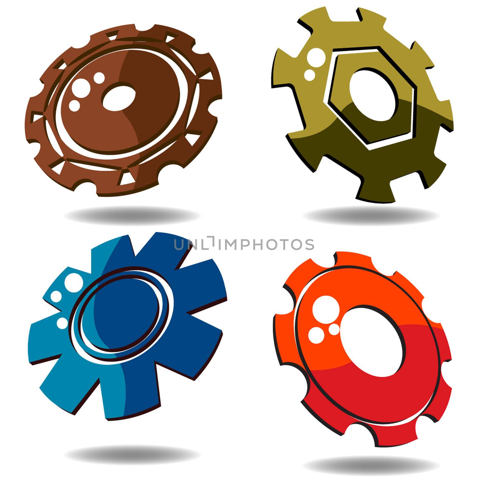 Gear icons over white background in various colors