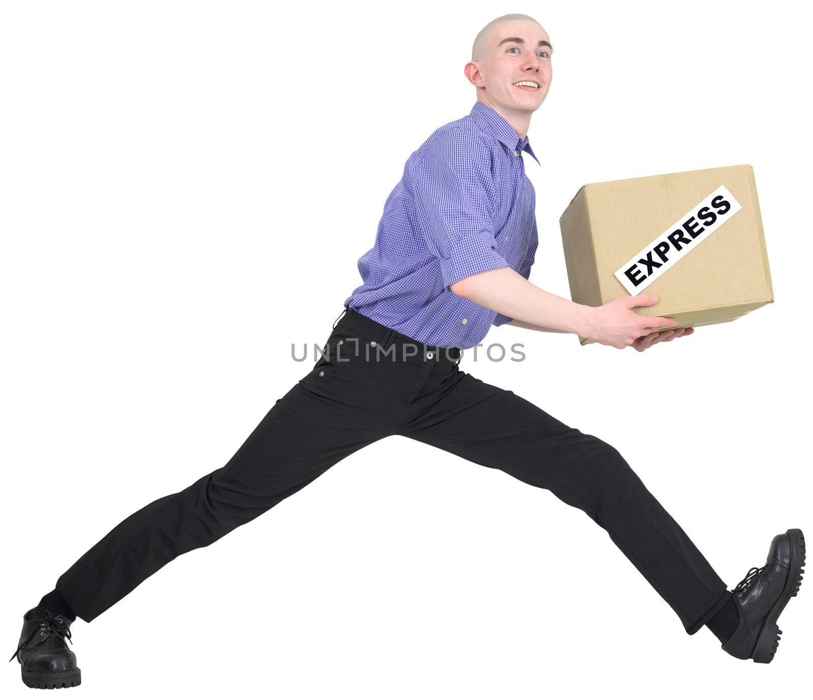 Man to hurry to deliver box on white background