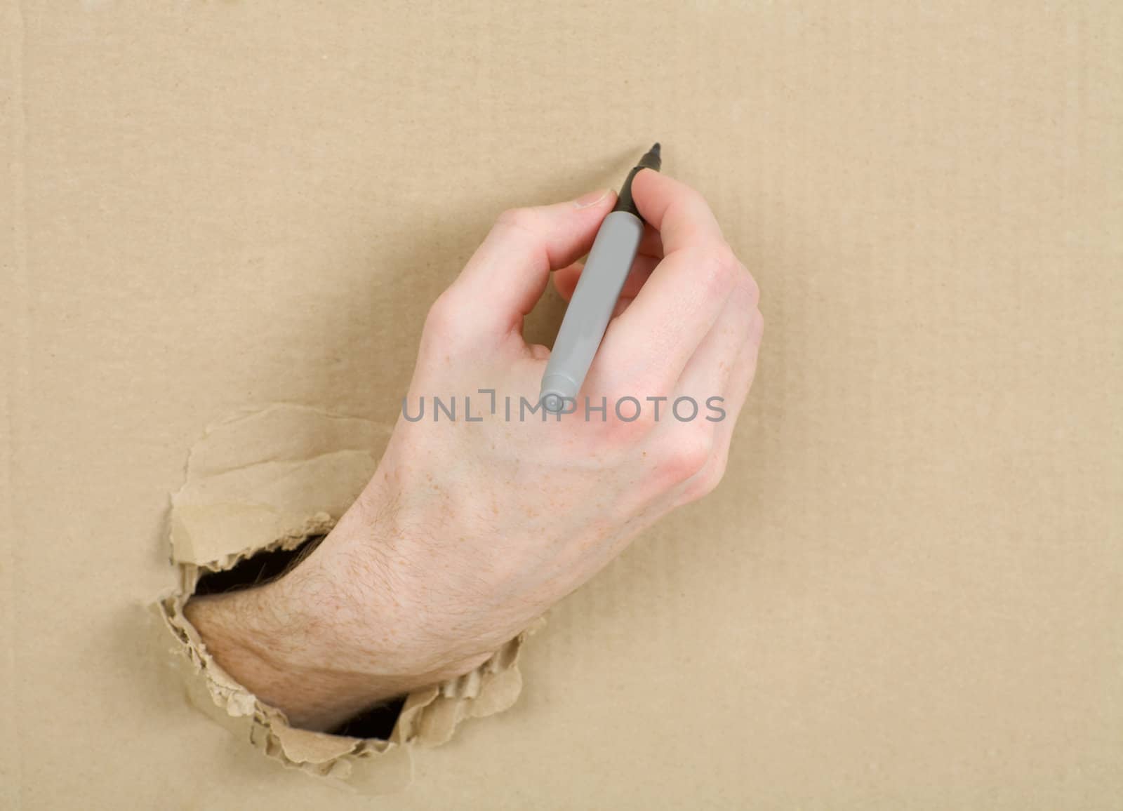 Hand with marker written on cardboard sheet