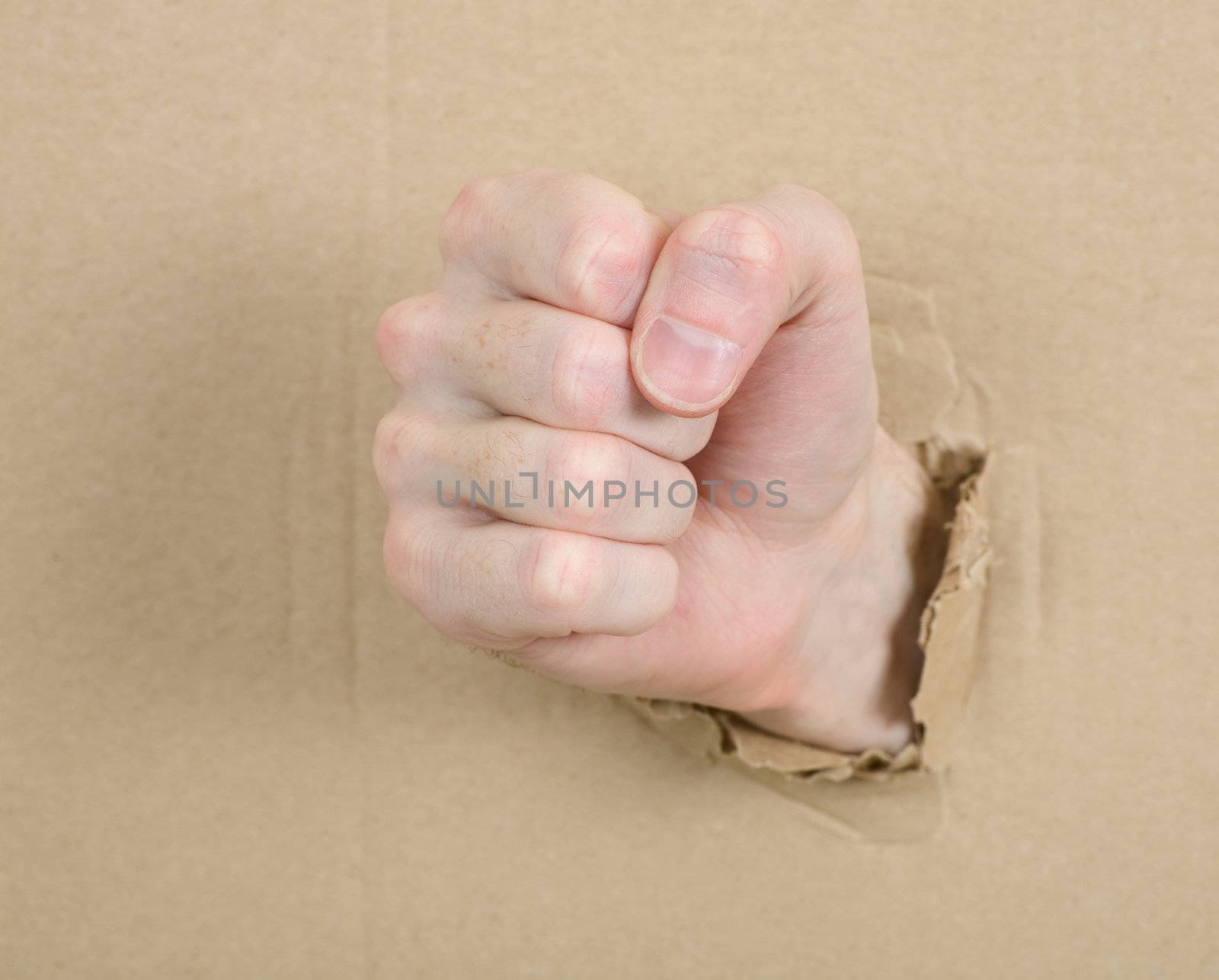 Gesture male hand through from hole in cardboard