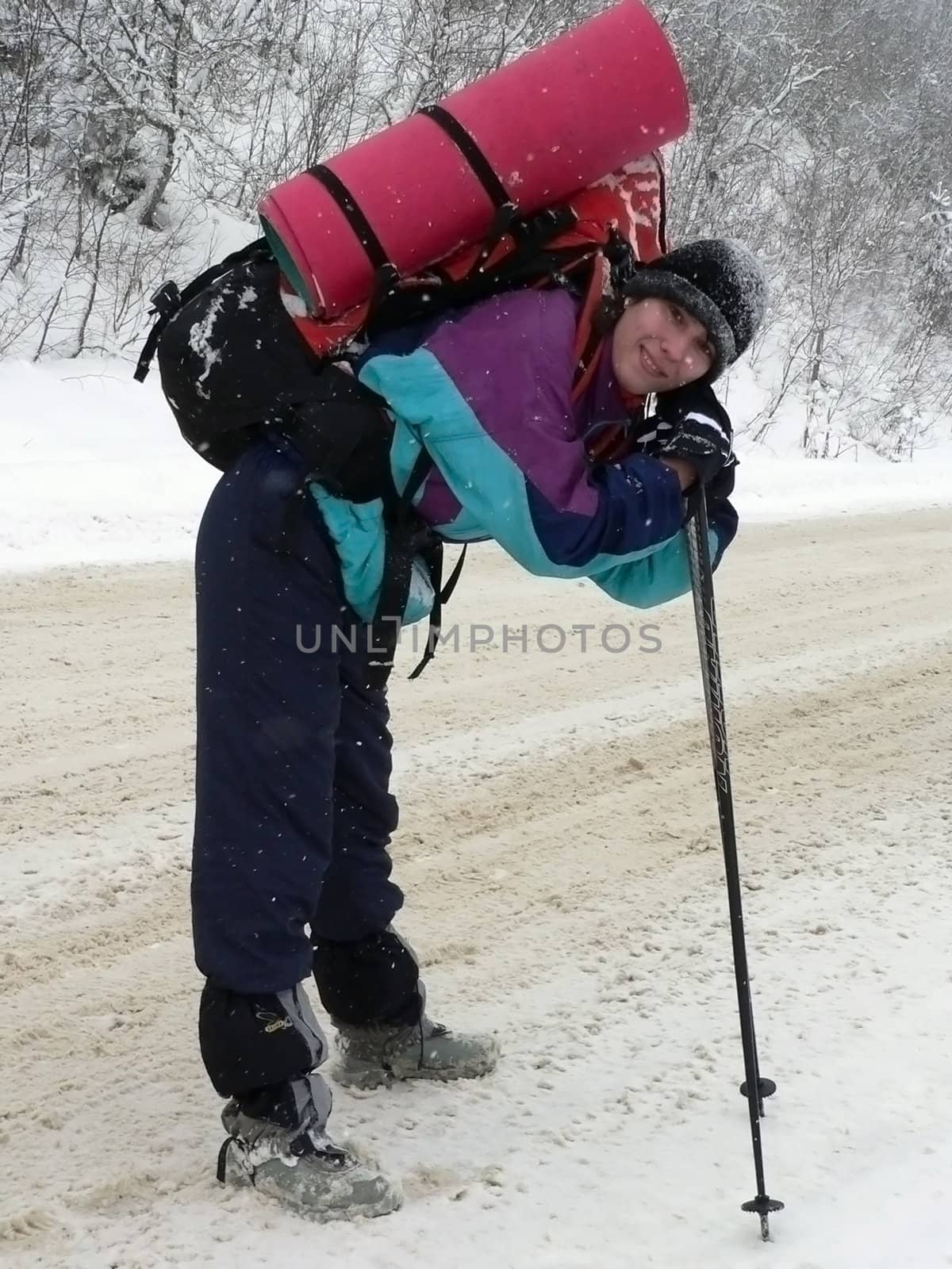 Winter, girl, smile, halt, march, snow, tourist, expedition, snowstorm, blizzard, active rest, rucksack, bad weather, nature, journey, road
