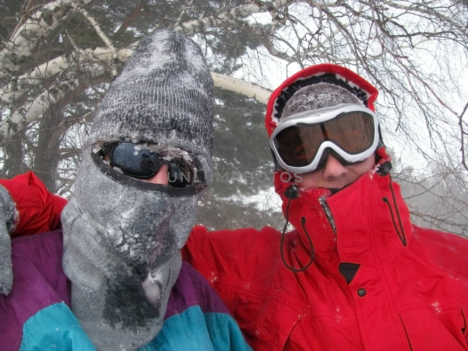 Winter, lad and girl, extreme, snowstorm, snow, spectacles, portrait, mask, frost, tourists, expedition, ice, active rest, journey, tree, embraces, friends