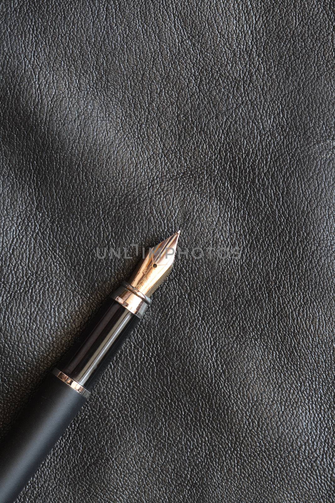 Fountain pen lying on black leather background with copy space