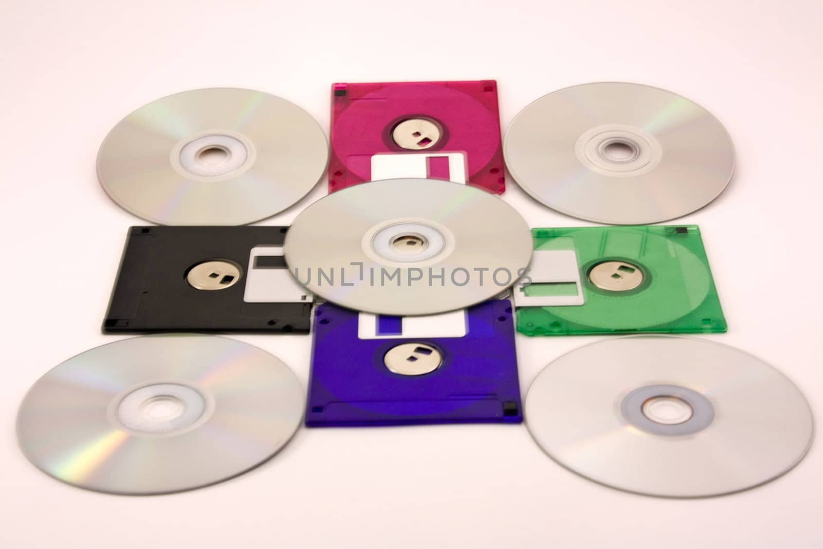 floppy disks and a cd isolated on white background