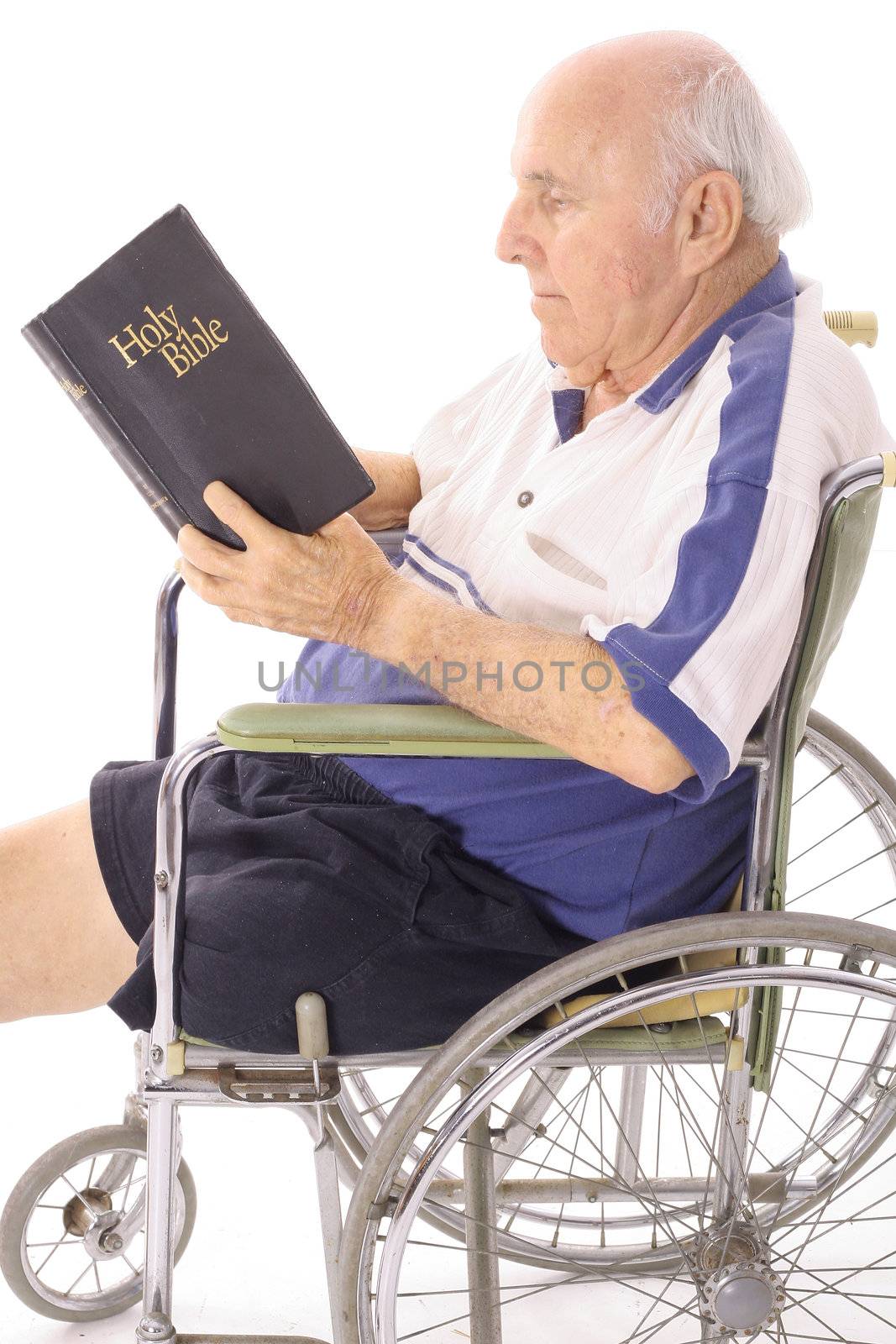 handicap senior in wheelchair reading the bible vertical isolated on white by creativestock