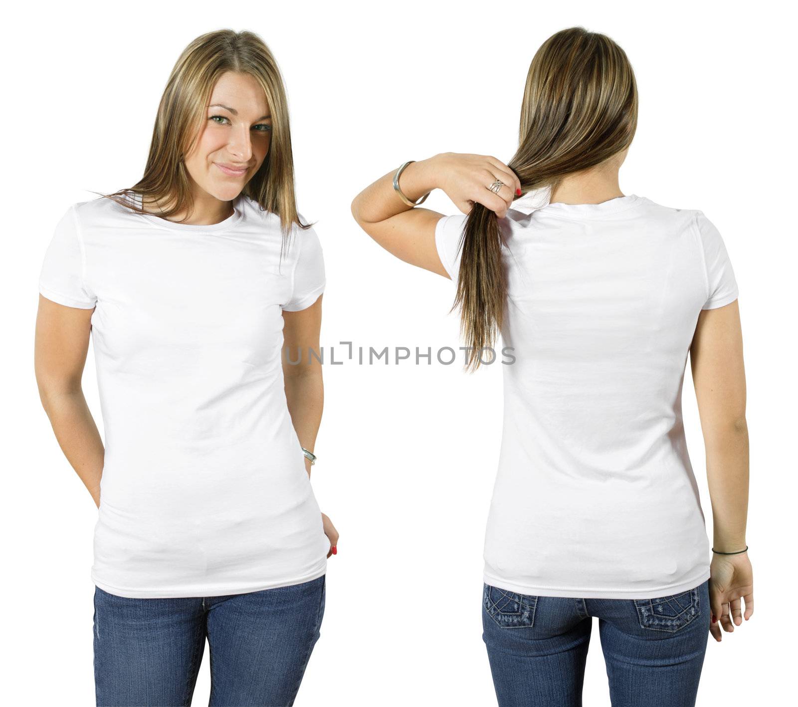 Young beautiful female with blank white shirt, front and back. Ready for your design or logo.