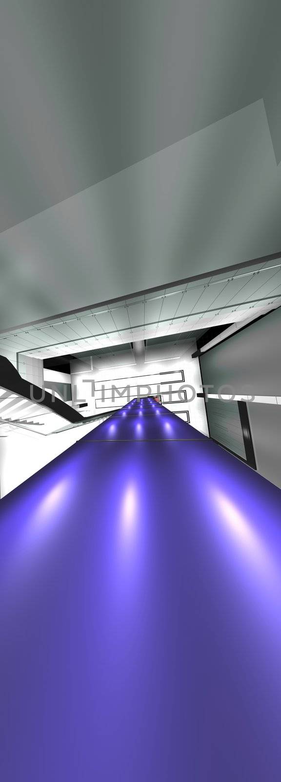 Futuristic blue lighting 3D render deck. Future architecture vertical widescreen composition.