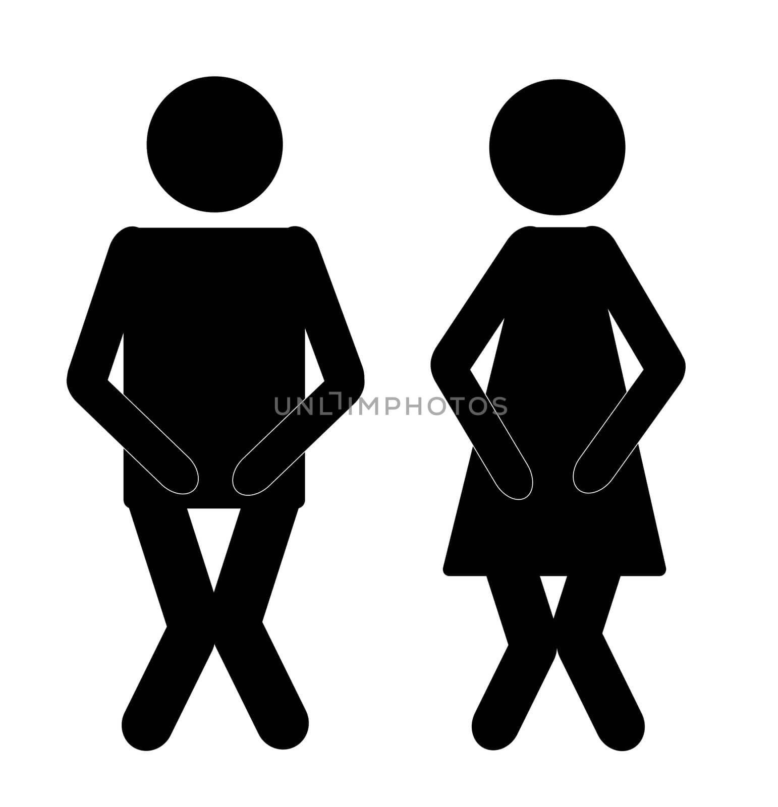 funny male and female bathroom sign, black on white 
