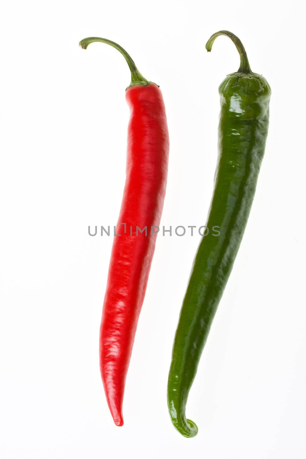 red and green hot chilli peppers on white background by bernjuer
