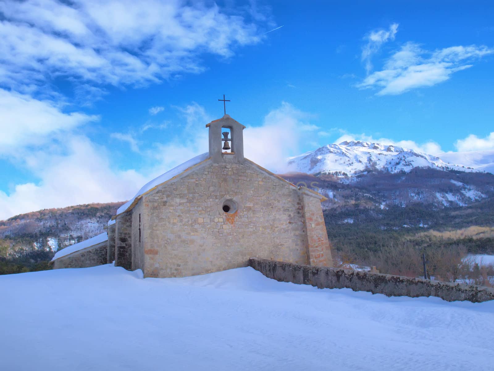 Provence chapel of Saint-Valvert in a snowy landscape of Vergons-en-Provence