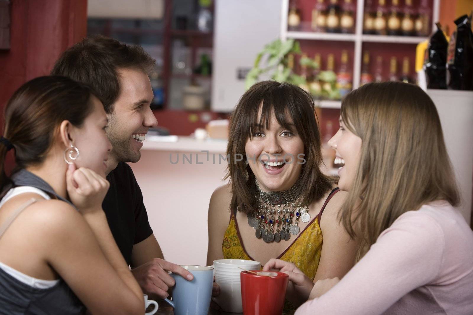 Pretty Young Woman Surrounded by Friends in a Coffee House