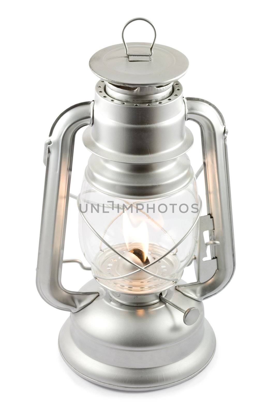 Oil lantern on fire isolated on white, clipping path included