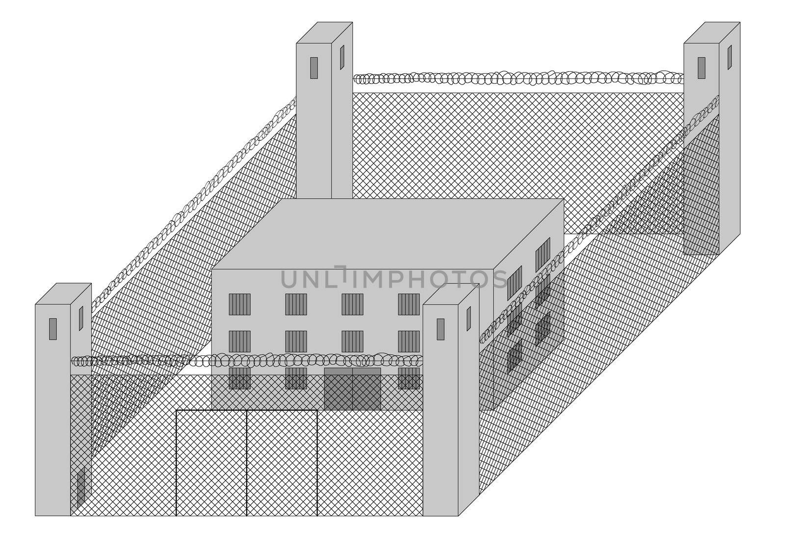 fenced prison with guard towers