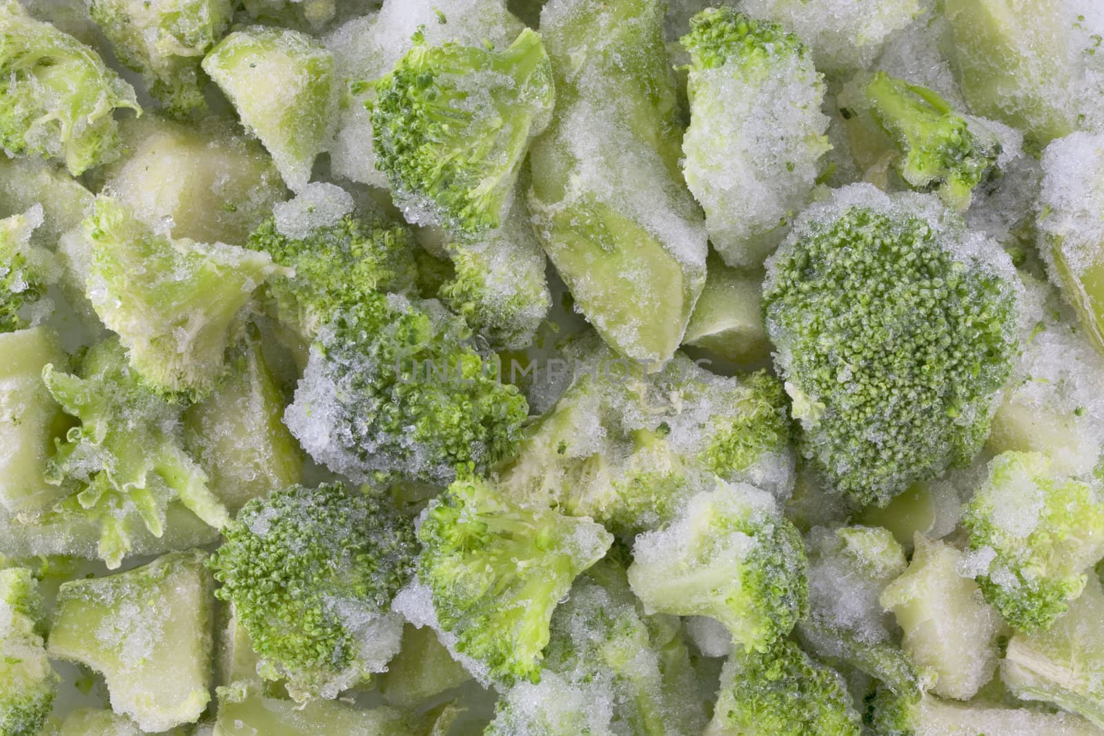 frozen diced green broccoli background with ice and frost