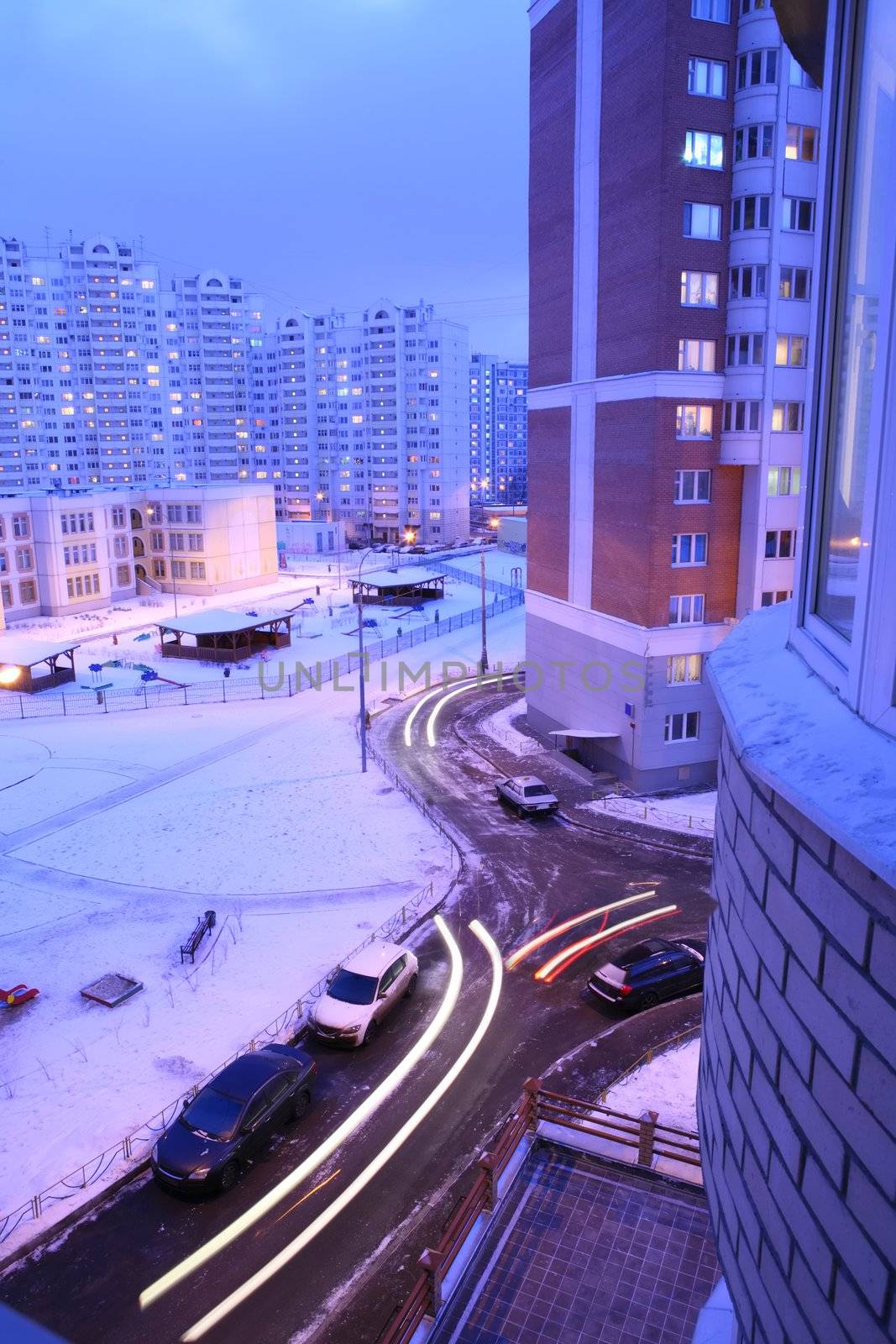 beautiful winter evening in usual moscow courtyard, January