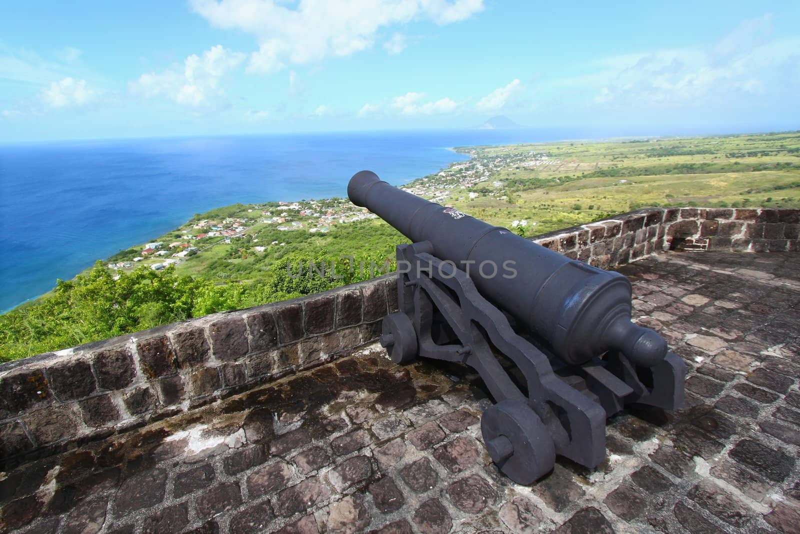 A cannon faces the Caribbean Sea at Brimstone Hill Fortress National Park on the island of St Kitts.