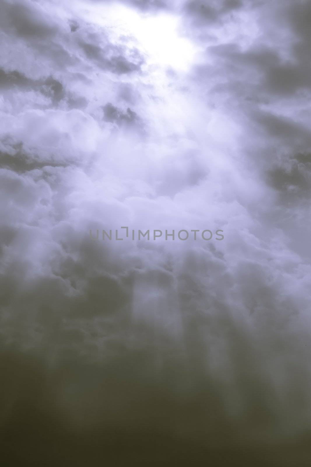 Rays Sun from Gray-Blue Clouds, Atmospheric Phenomena