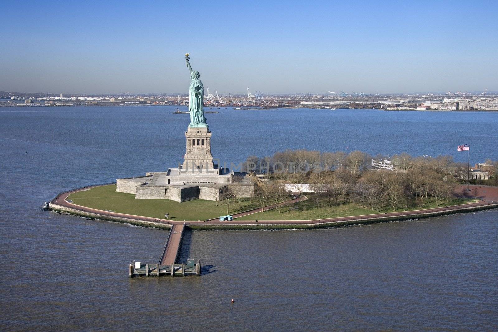 Aerial view of Liberty Island and Statue of Liberty.