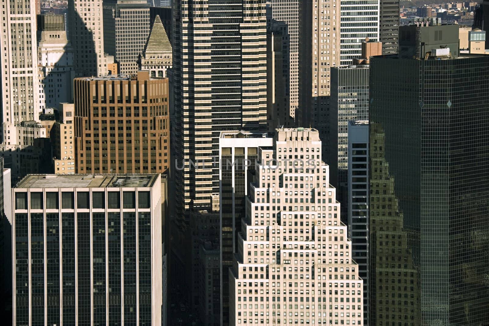 Aerial view of Manhattan buildings in New York City.