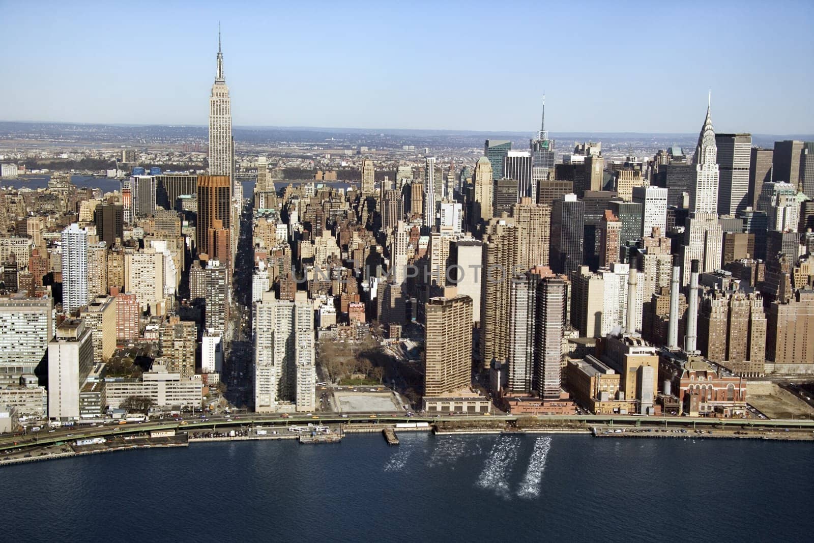 Aerial view of Manhattan and East River in New York City.