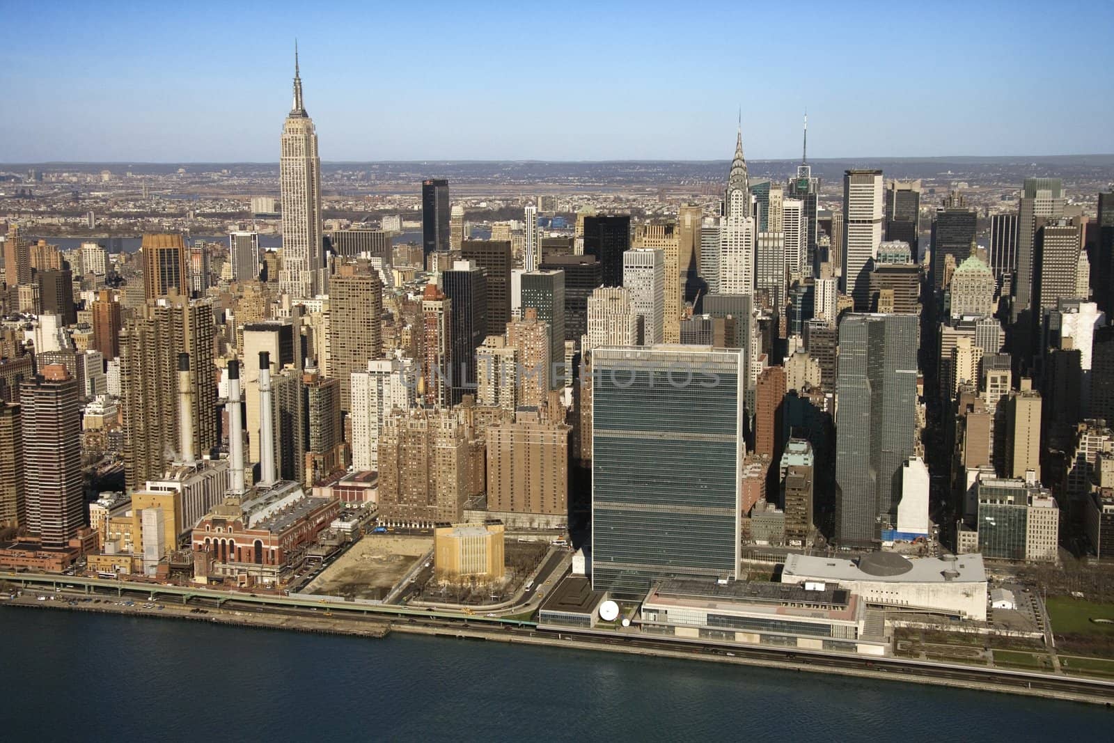 Aerial view of East River and Midtown Manhattan Buildings in New York City.