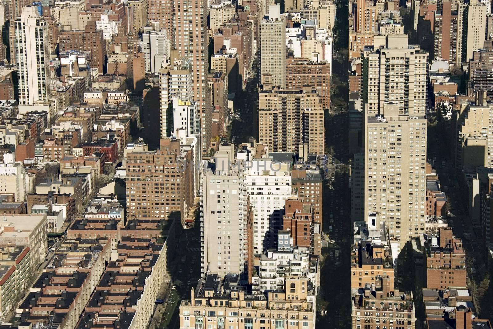 Aerial view of buildings in New York City.