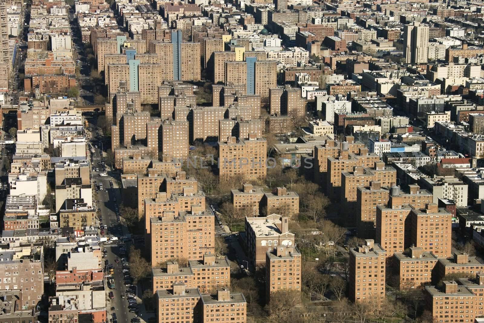 Aerial view of buildings in New York City.