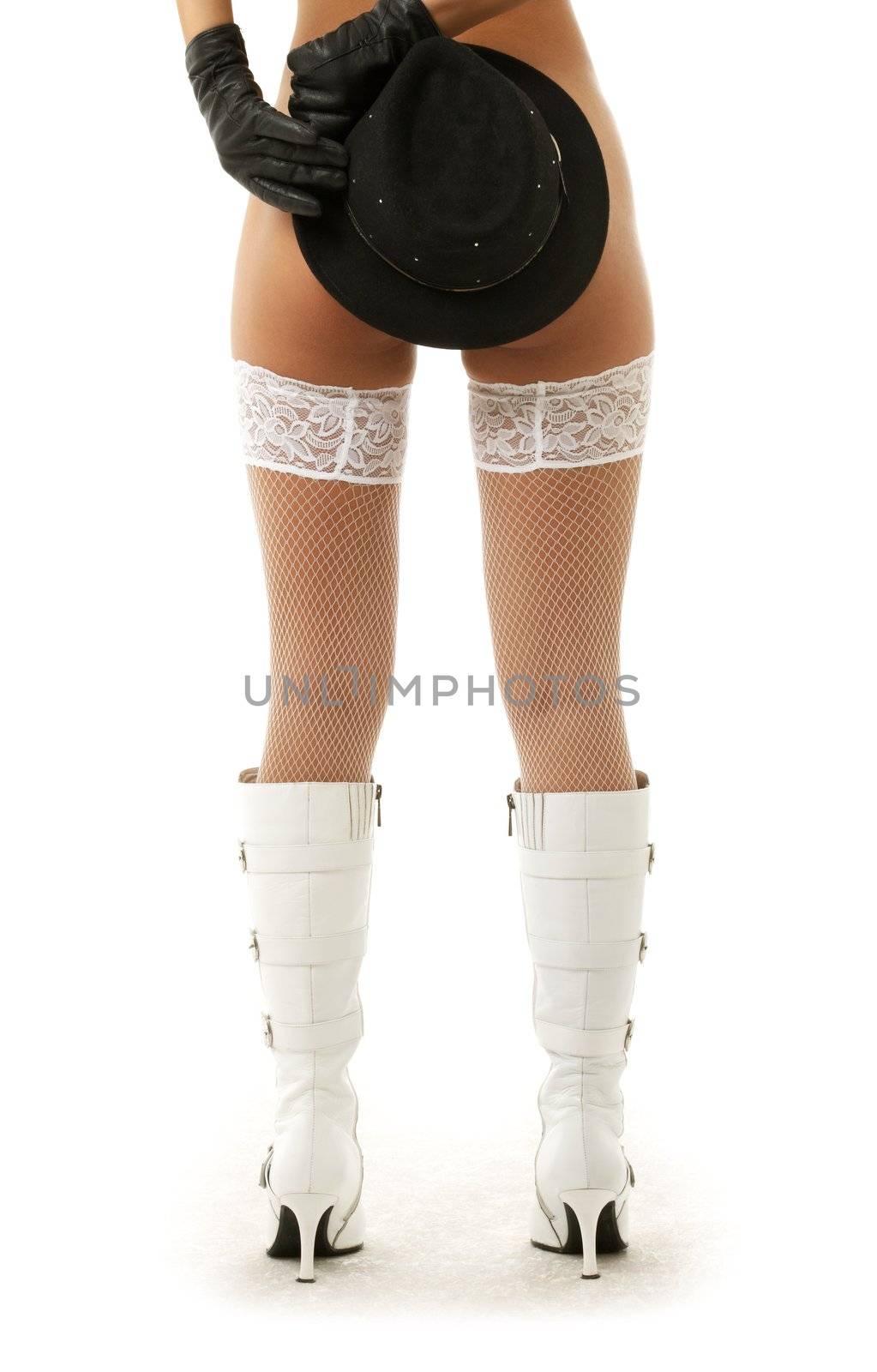 naked girl in white boots and stockings with hat