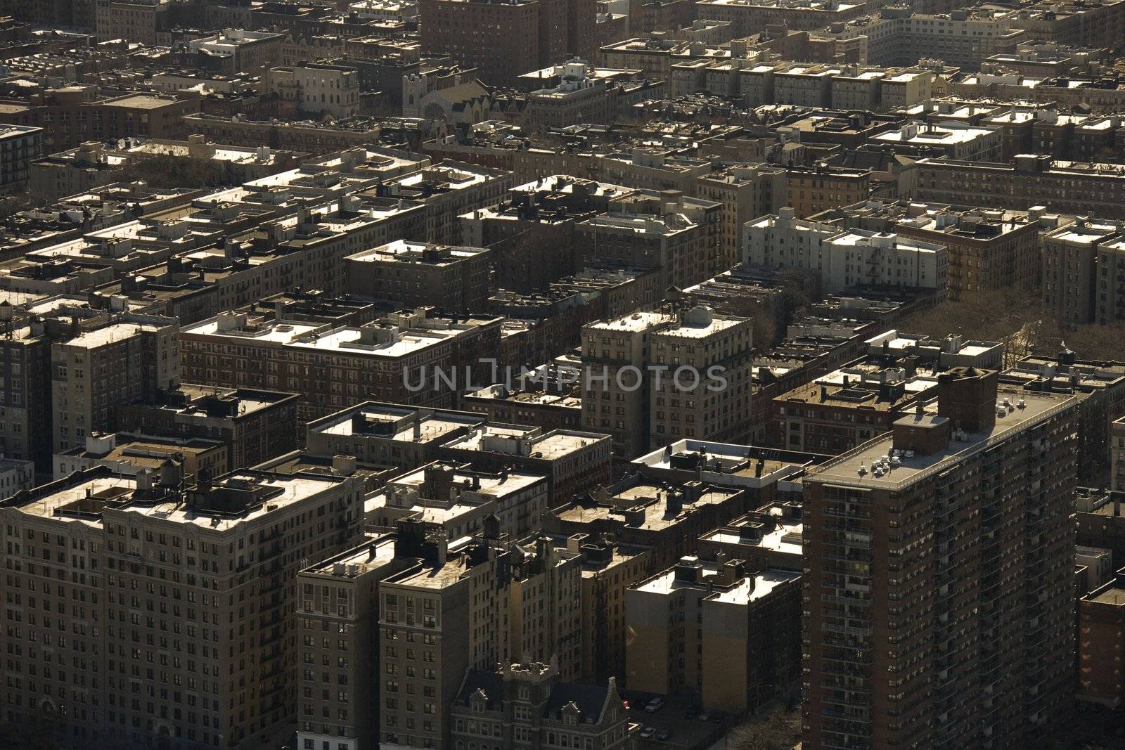 Aerial view of buildings in New York City.