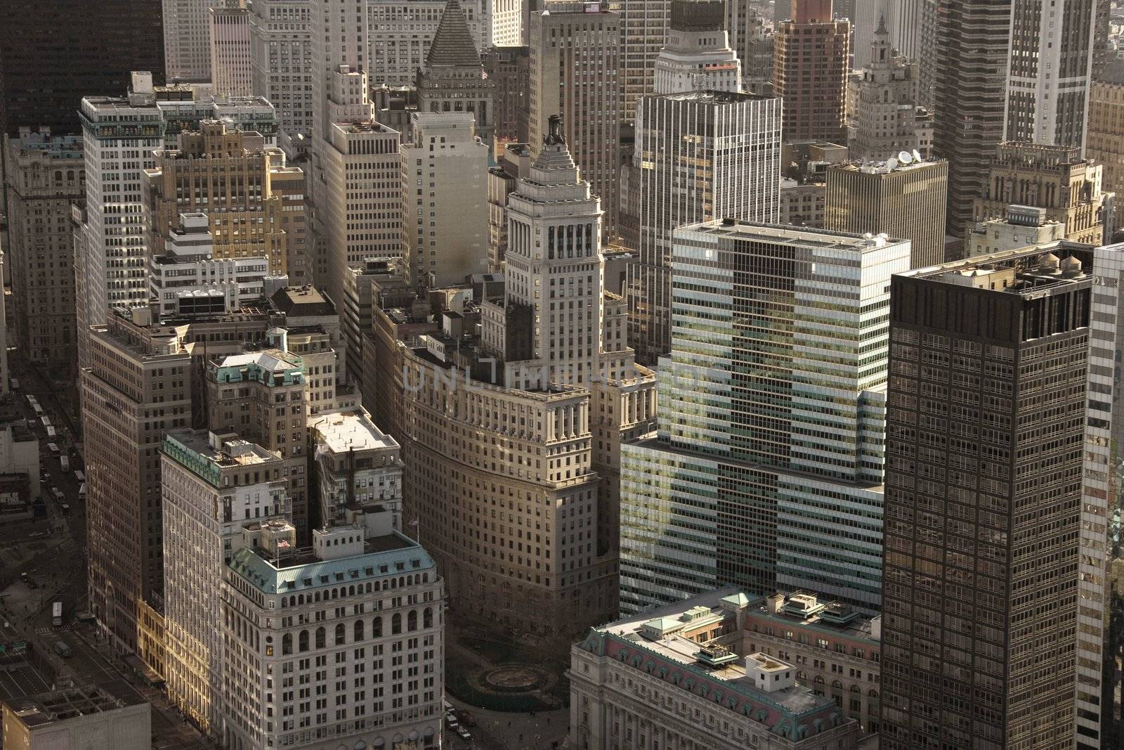 Aerial view of buildings in New York City.