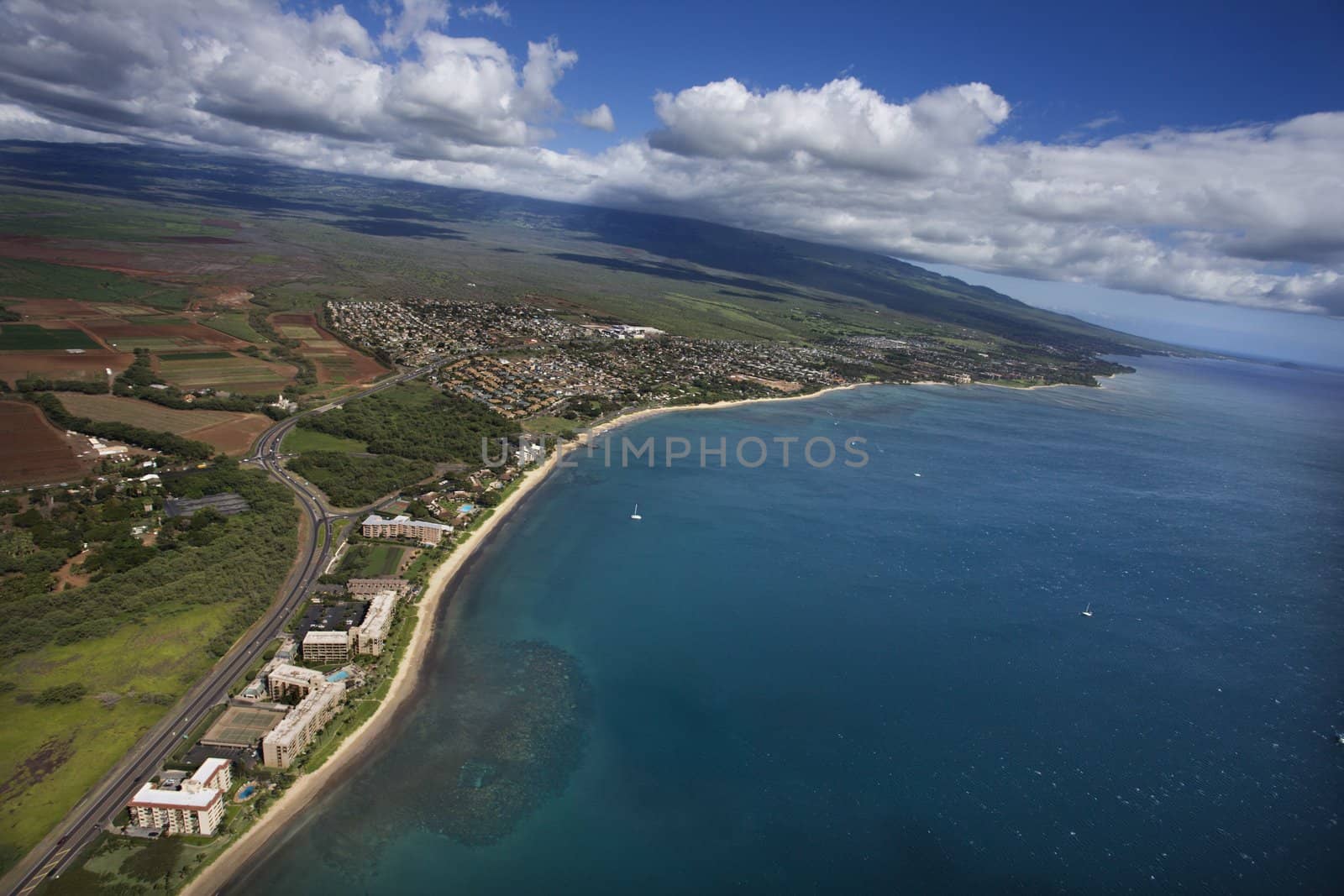 Aerial view of coast and beach in Maui, Hawaii.