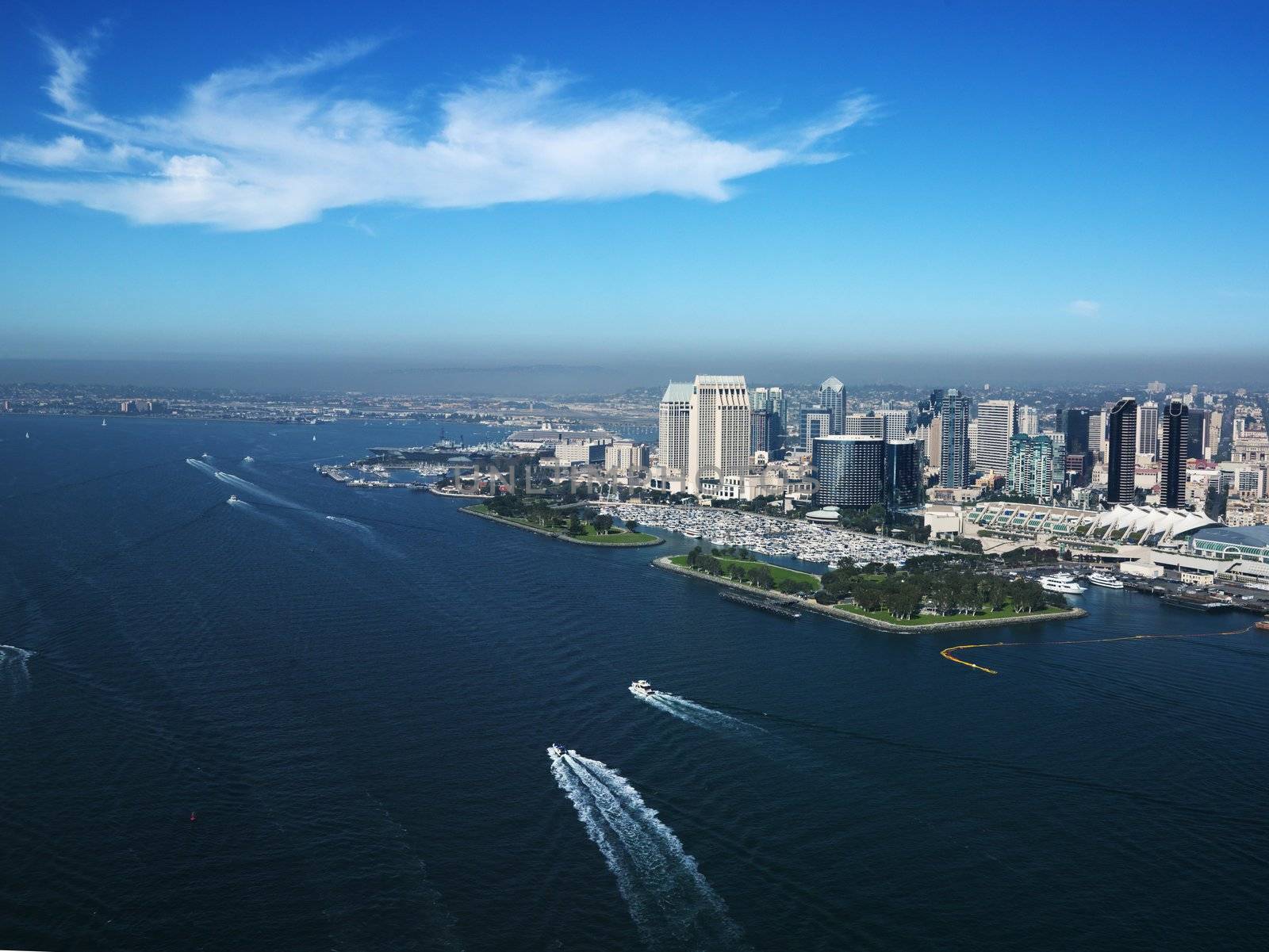 Aerial view of buildings on coast in San Diego, California.