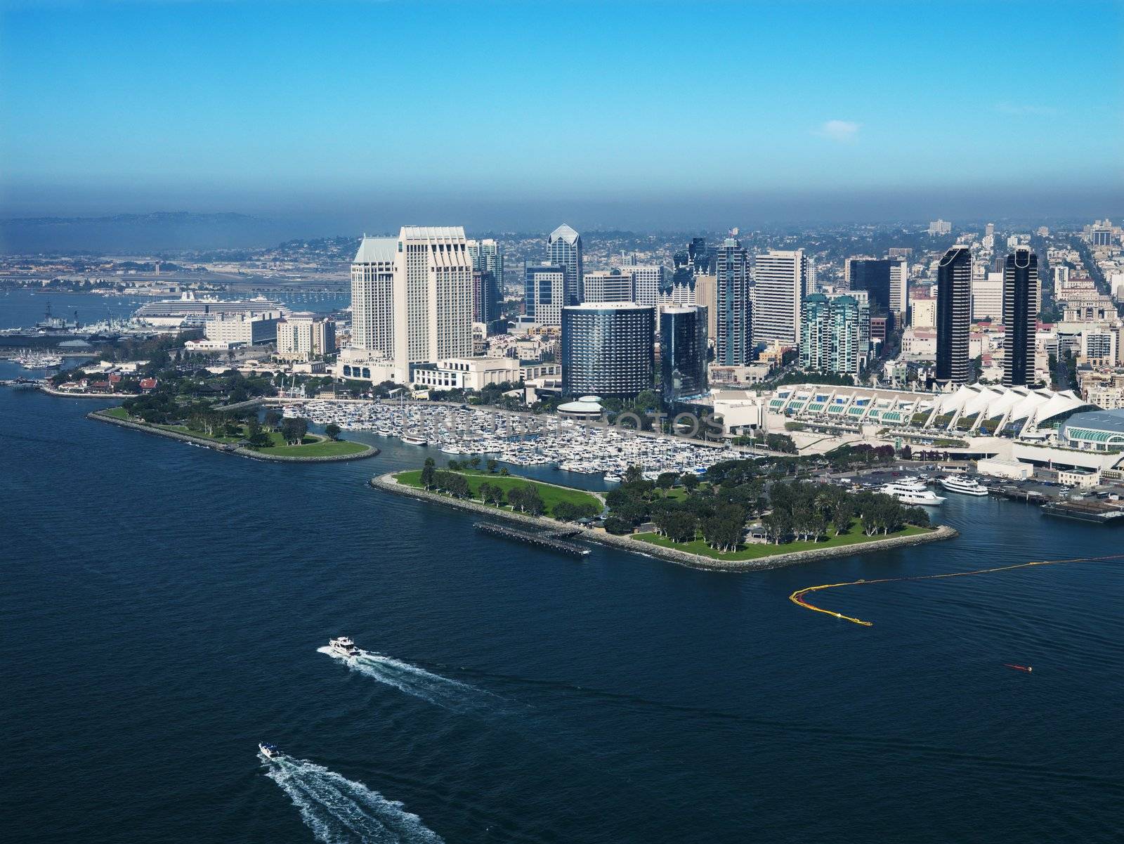 Aerial view of buildings on coast in San Diego, California.