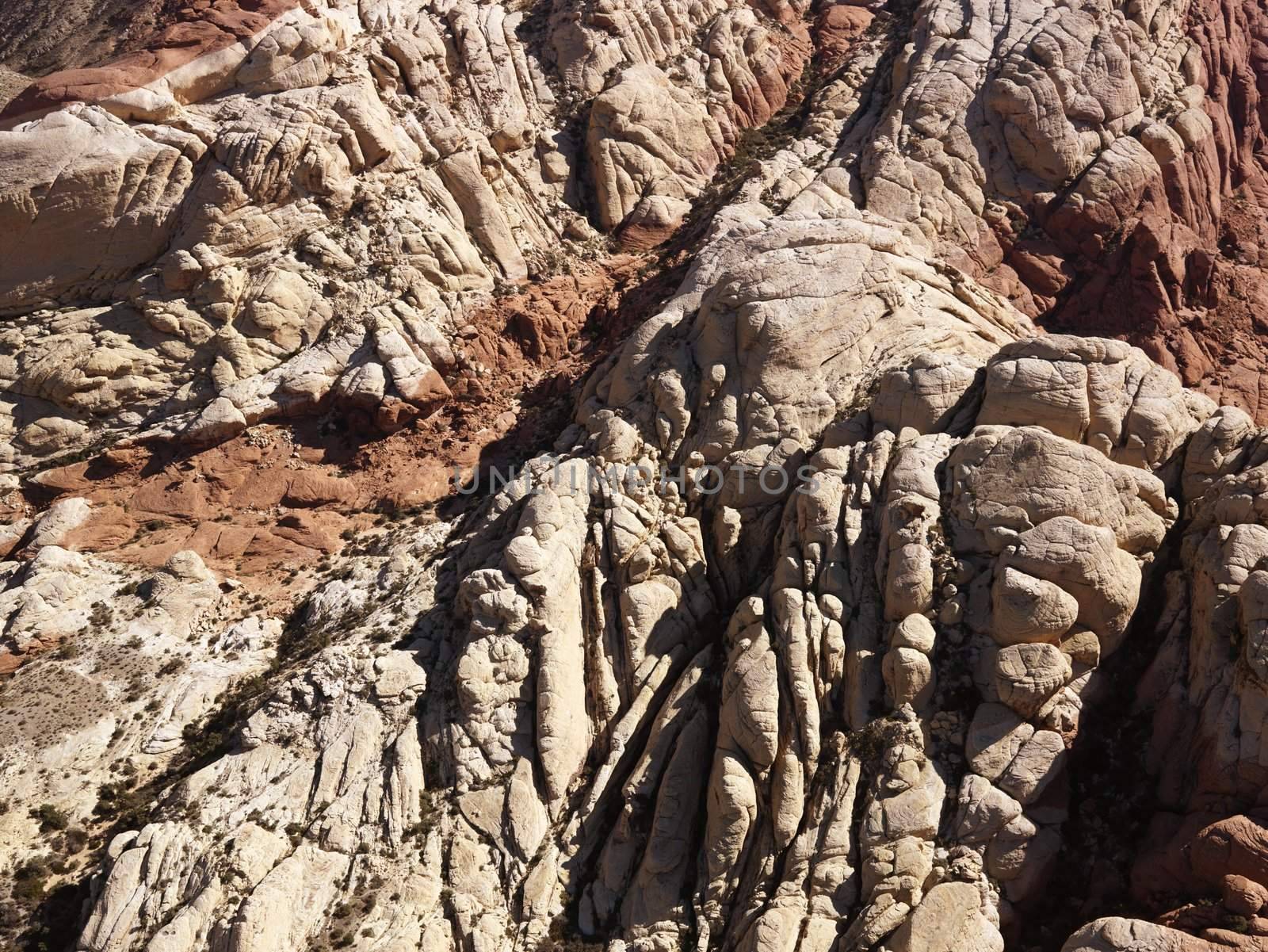 Aerial view of red rock cliffs in southwest.