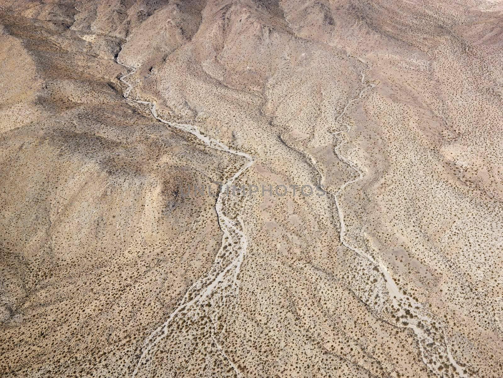 Aerial view of torrid California desert with rocky landforms.