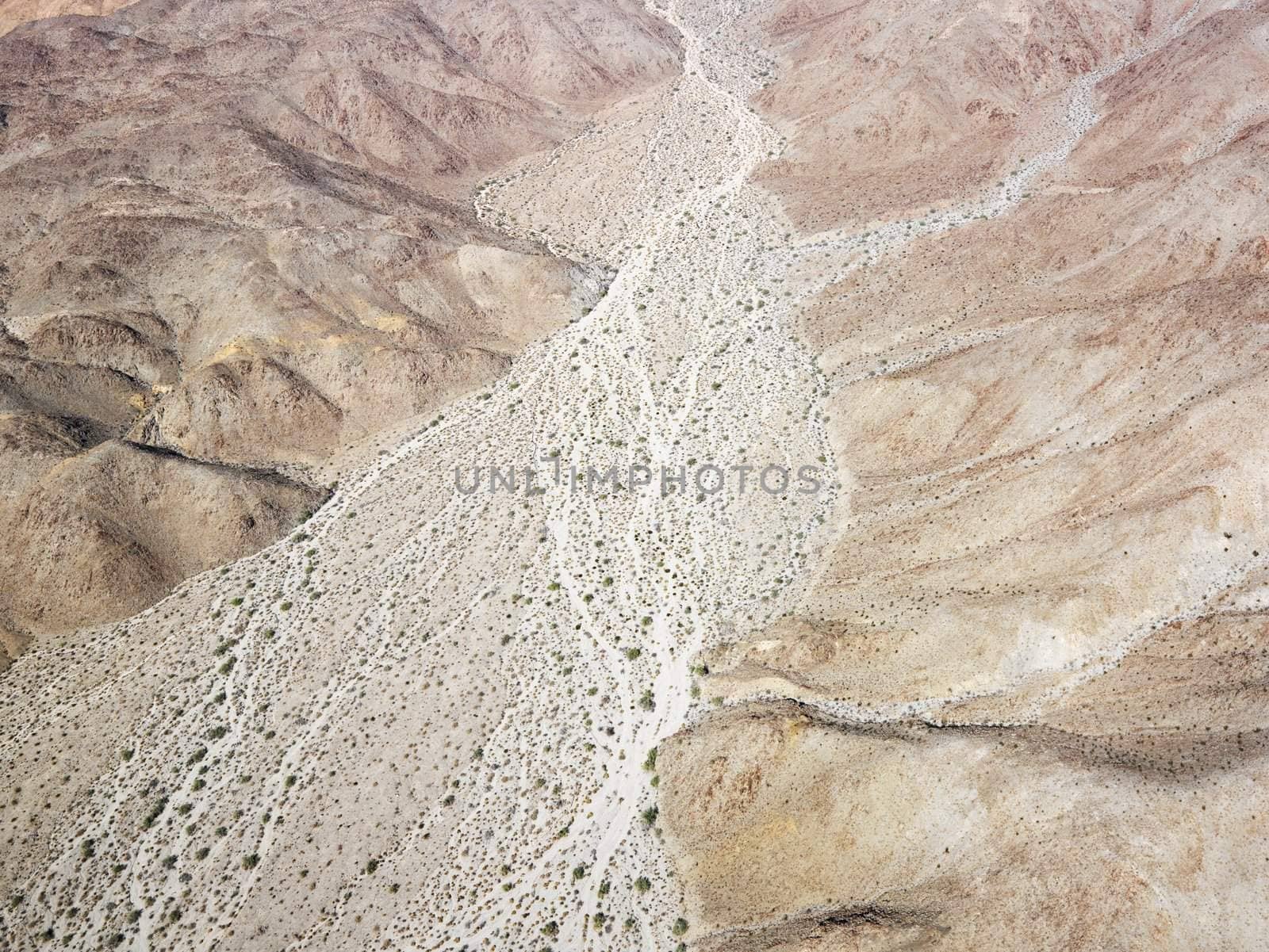 Aerial view of torrid California desert with rocky landforms.