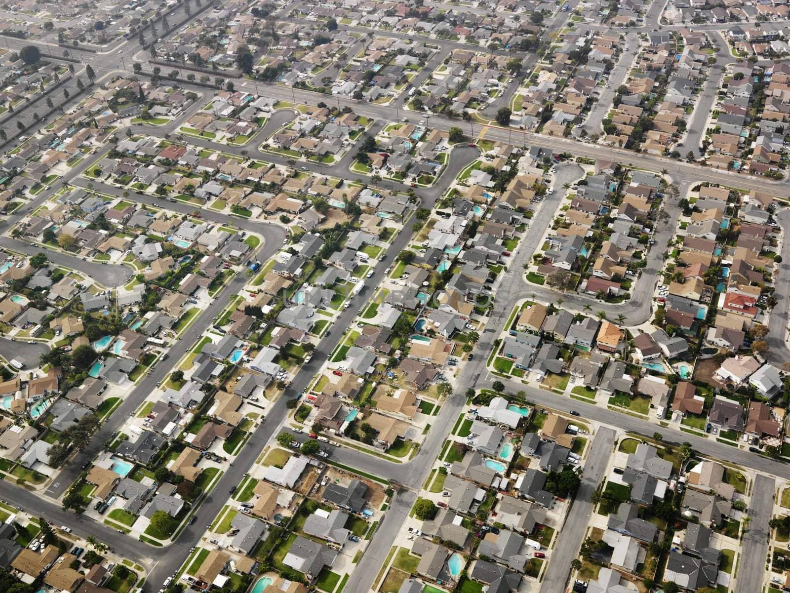 Aerial view of sprawling Southern California urban housing development.