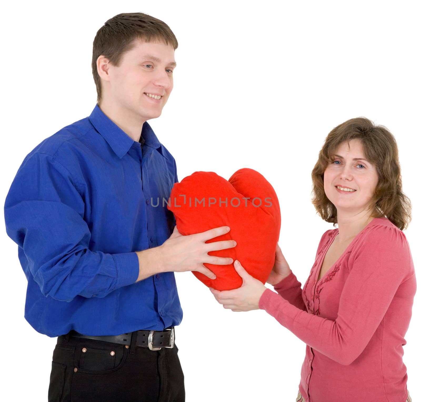 Man give heart to the woman on a white background