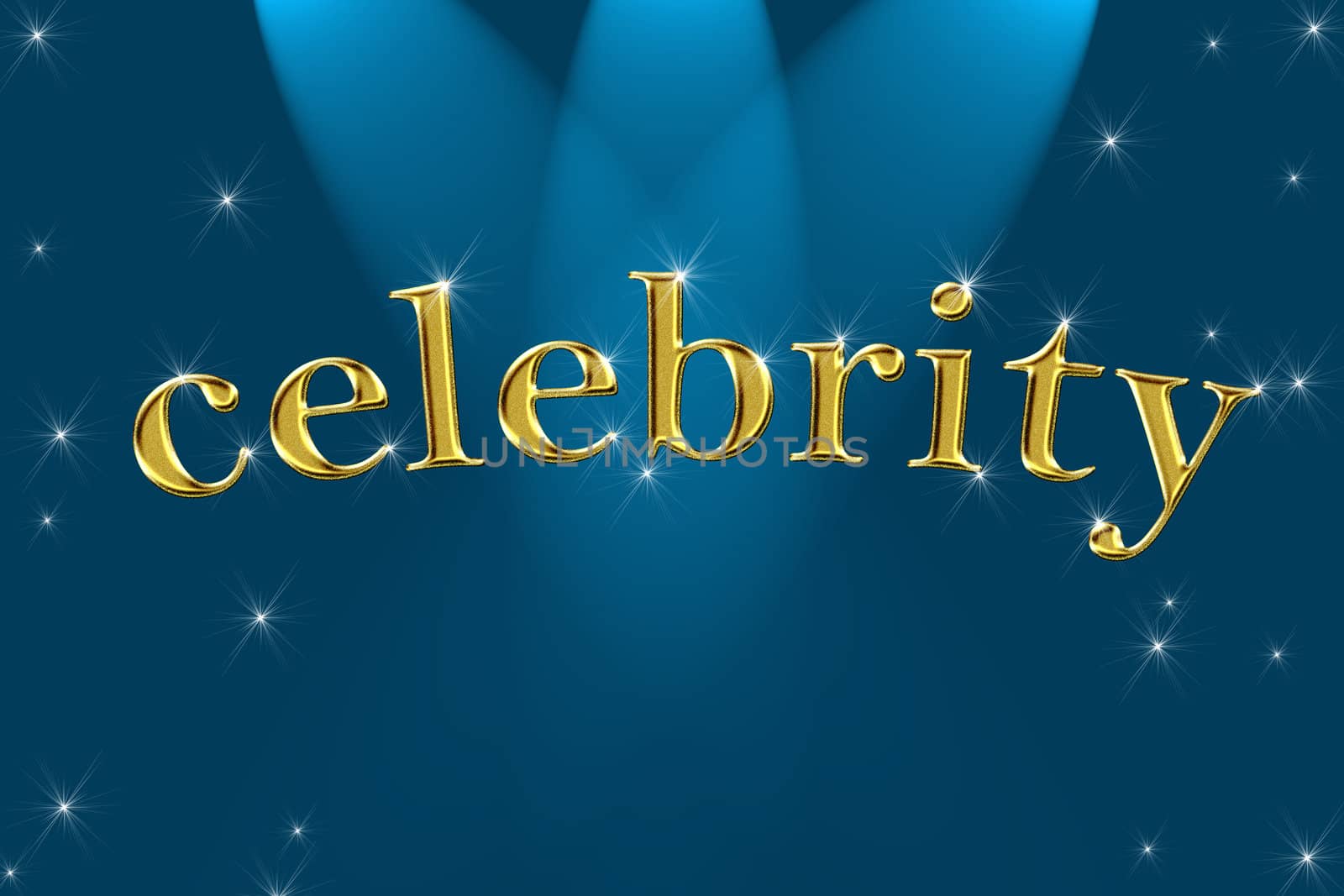 golden sign, written word celebrity on blue background with stars