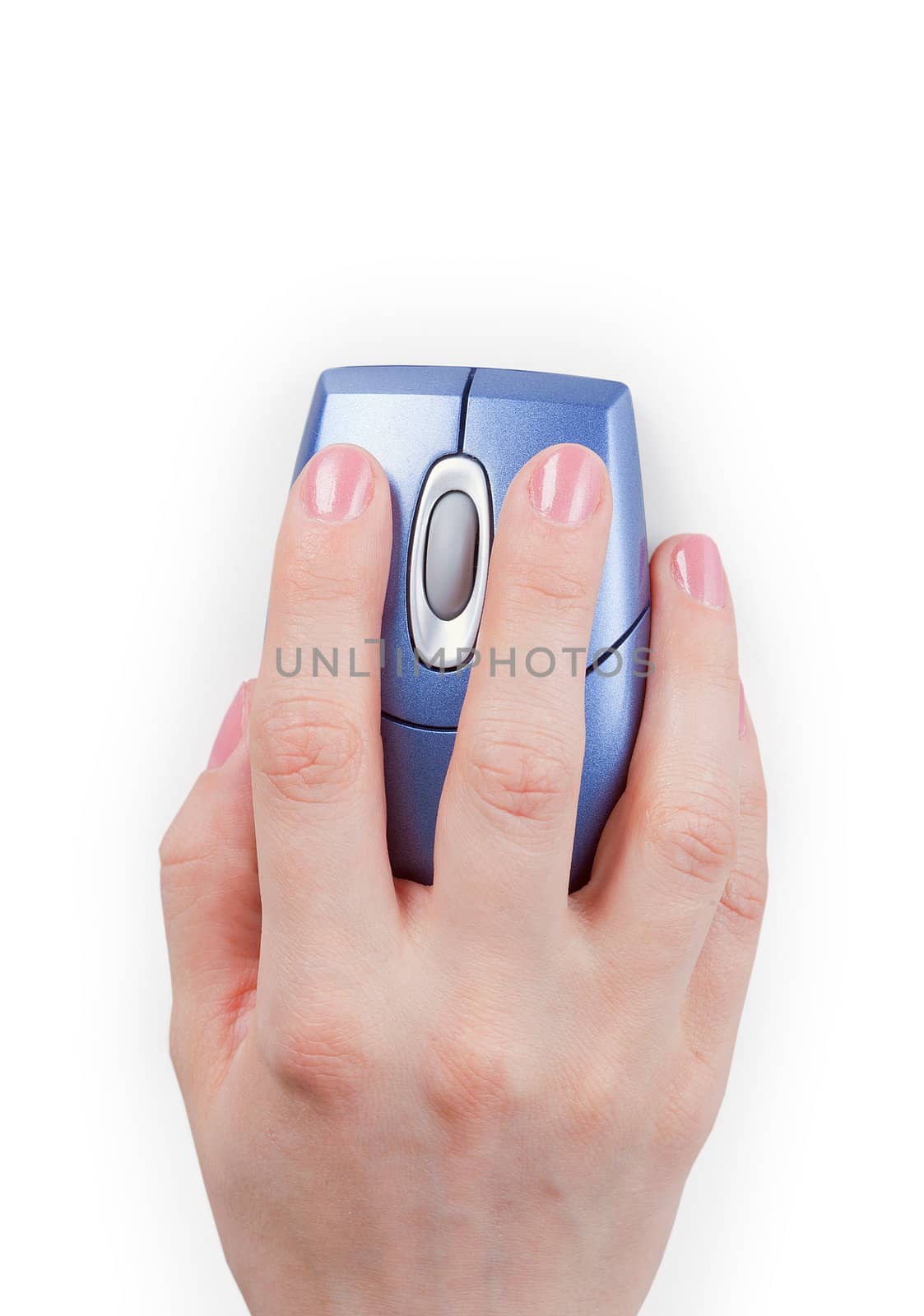 The hand holds the computer mouse is isolated on a white background