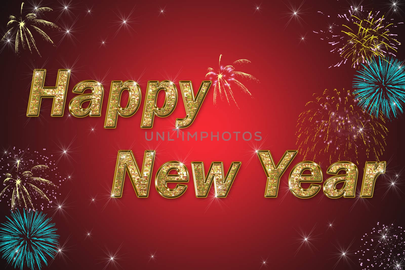 happy new year golden text on red background with stars