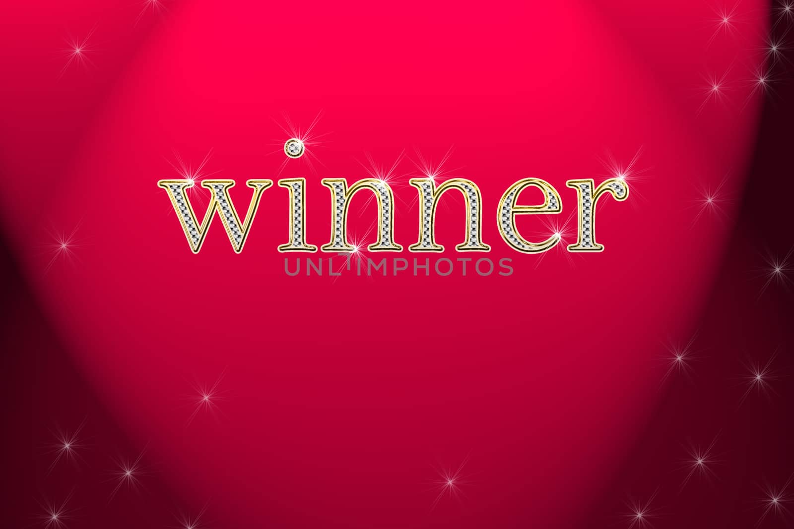 golden sign, written word winner on red background with stars