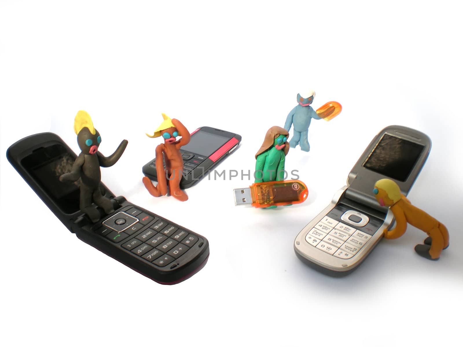 plasticine people figures with phones and usb flash on white background