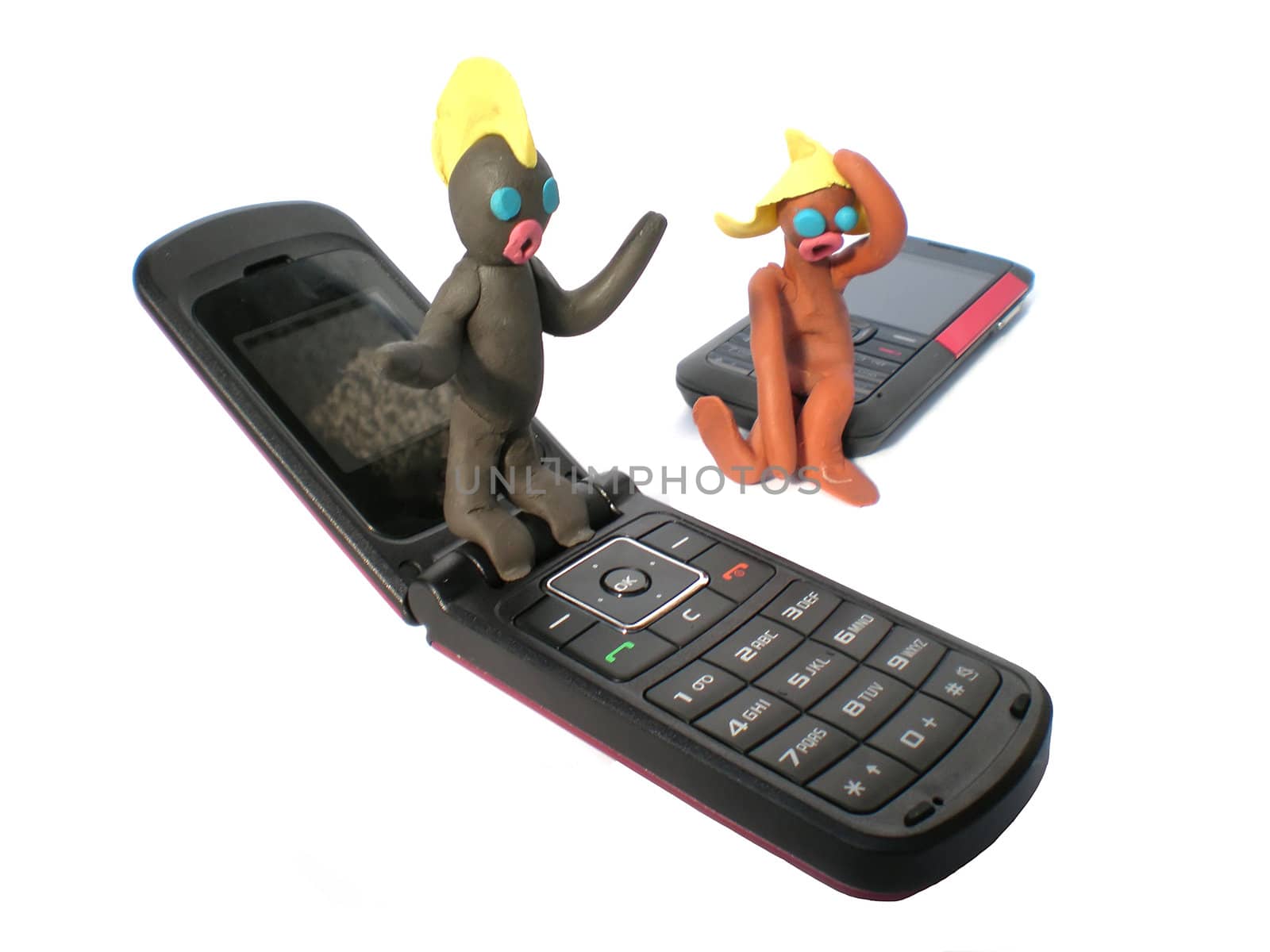 plasticine people figures with phones on white background