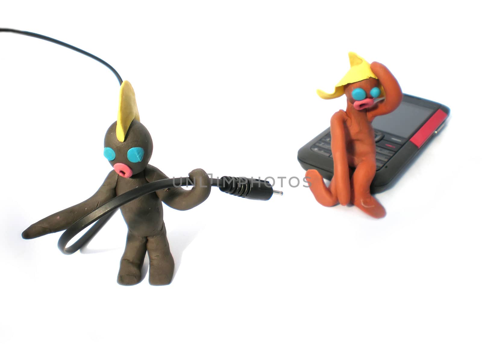 plasticine people figures with phones and usb flash on white background