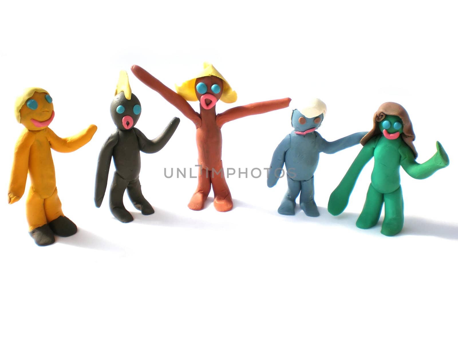 plasticine people figures saying hi on white background